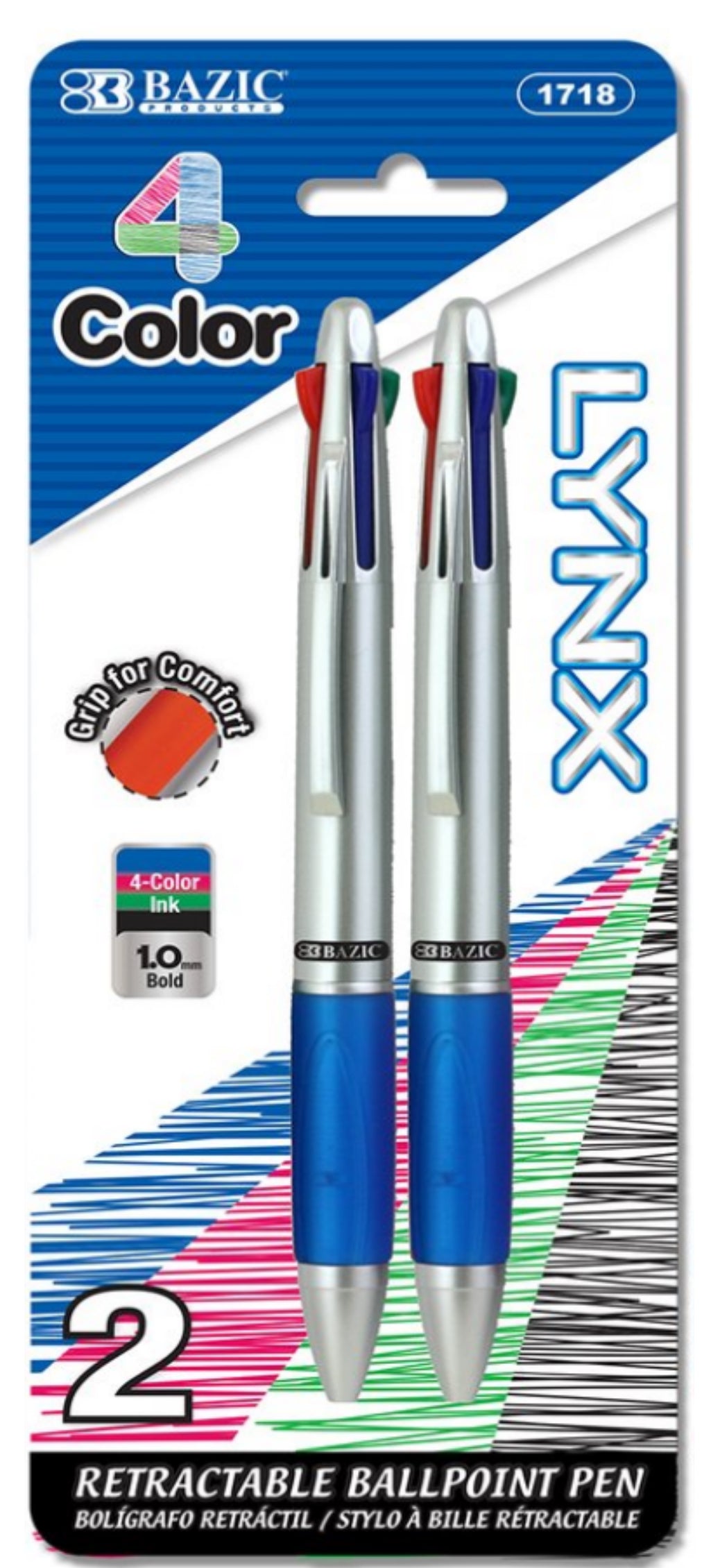 Bazic Silver Top 4-Color Pen with Cushion Grip, 2 Pcs Retractable