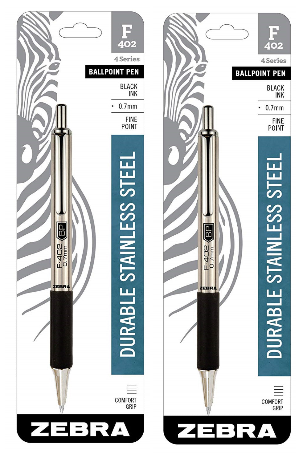 F-301 Retractable Ballpoint Pen, Stainless Steel Barrel, Fine Point, 0.7mm,  Black Ink, 2-Pack