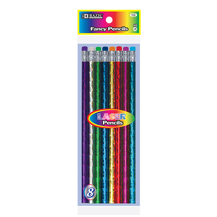 Metallic Laser Foil Wood Pencil w/ Eraser (8/Pack) Ideal for writing drawing and sketching