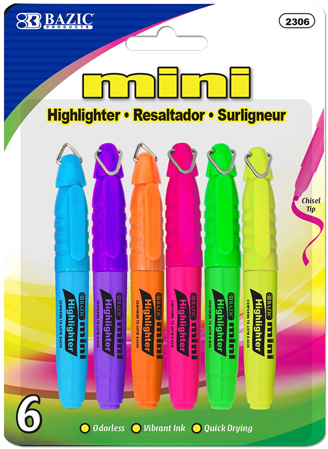 BAZIC Mini Fluorescent Highlighter w/Cap Clip, Chisel Tip Neon Unscented Quick Dry Vibrant Ink, Great for SketchBook Text Books Art Students Office (6/Pack)