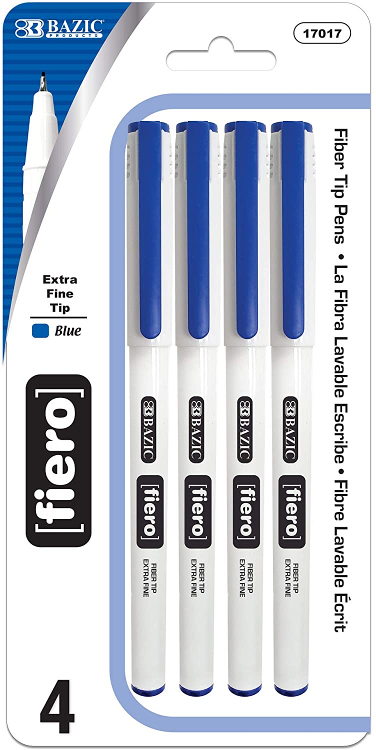 BAZIC Fiero Fiber Tip Pen, Fineliner Pens 0.4mm Blue Color Extra Fine Point (4/Pack), 1-Pack Writing Drawing for Graphic