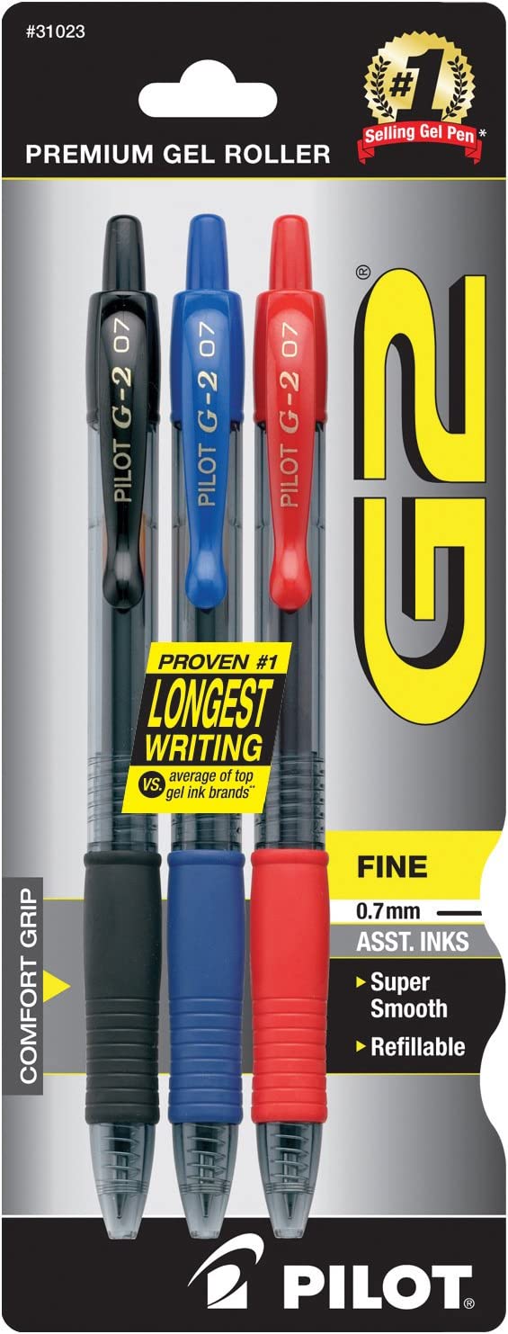 Pilot G2 Retractable Gel Ink Pens Fine Point Assorted Colors, 1 Pack of 3 Pens (Red/Blue/Black Inks)