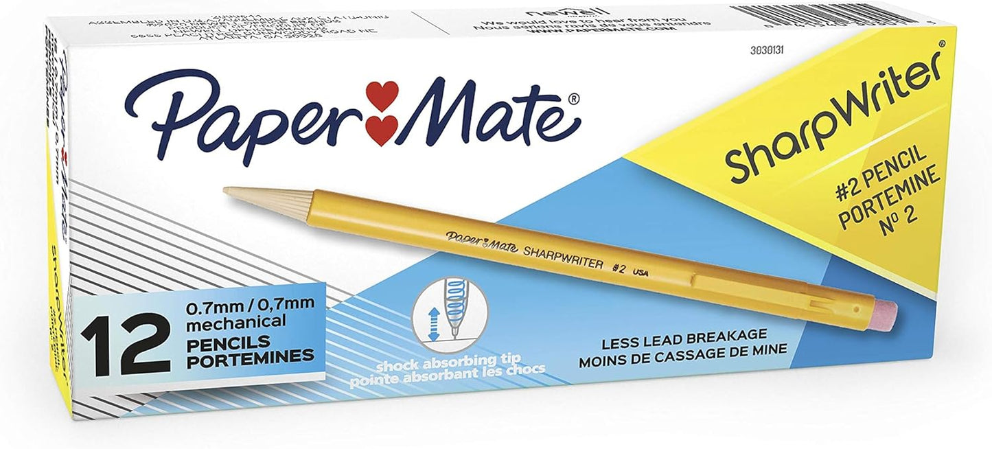 Paper Mate Sharpwriter Mechanical Pencils, 0.7 mm, HB (#2), Black Lead, Classic Yellow Barrel, 12-count