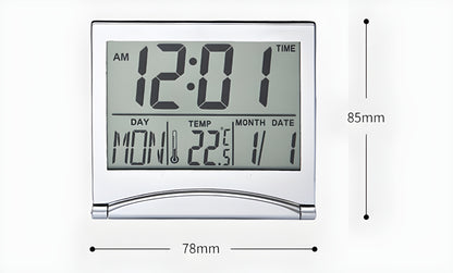 Digital Travel Alarm Clock Foldable LCD Snooze Large Number Display Battery Operated Silver (NO Light)