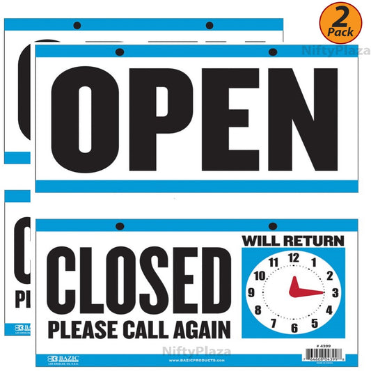 2 Pack - OPEN Sign, CLOSED Sign with Clock on the Back 6"x11.5", Durable Plastic, Weatherproof, Bright and Highly Visible