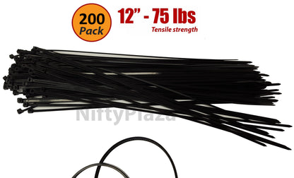 NiftyPlaza 12 Inch Cable Ties, 200 pack, 75 lb Tensile Strength Premium Grade