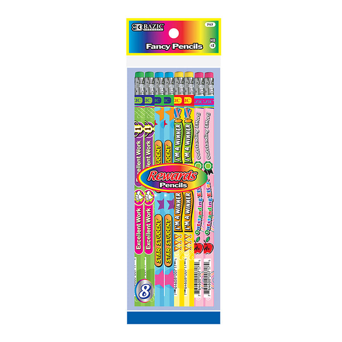 Reward and Incentive Wood Pencils with Eraser 8/Pack #2 HB for general writing, drawing and sketching