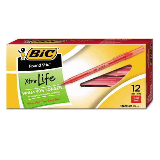 12 pcs Round Stic Xtra Life Stick Ballpoint Pen, 1mm, Red Ink, Translucent Red Barrel