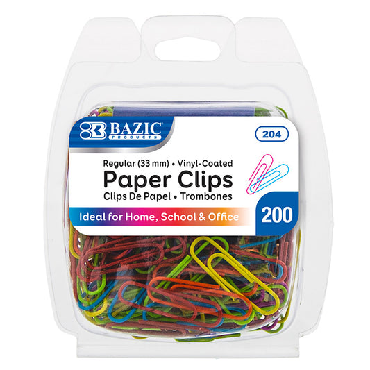 200 Regular Plastic Coated Paper Clips 33 mm Assorted Colors