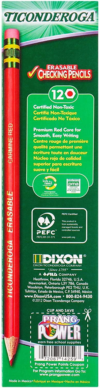 Ticonderoga Erasable Checking Pencils with Eraser, Pre-sharpened, 2.6 mm, 2B (#1), Carmine Red Lead Dozen