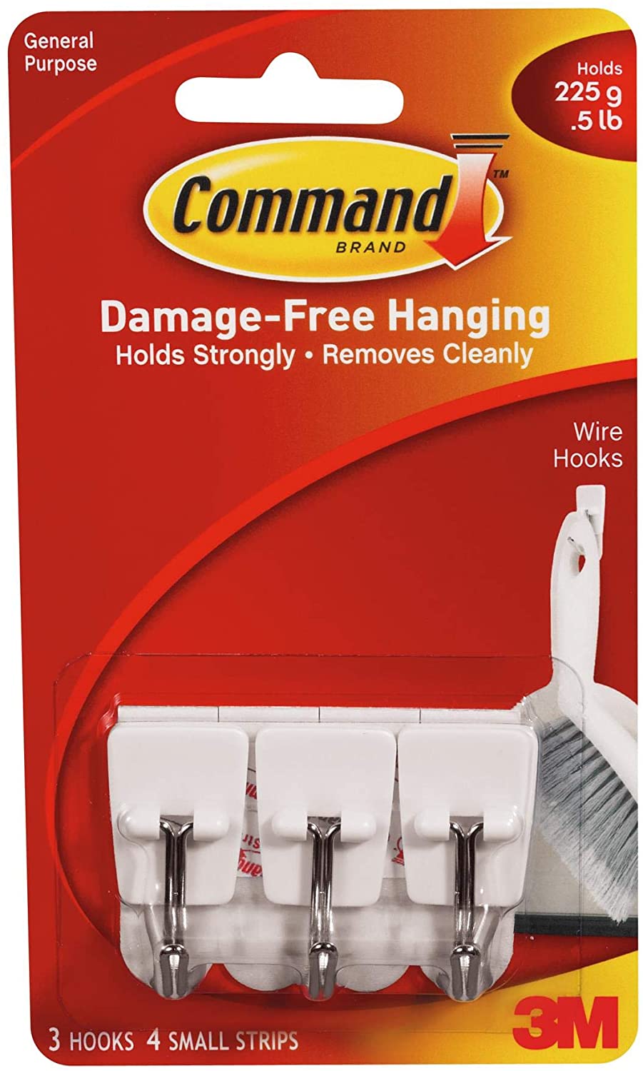Command General Purpose Wire Hooks, Small, 0.5 lb Cap, White, 3 Hooks and 6 Strips