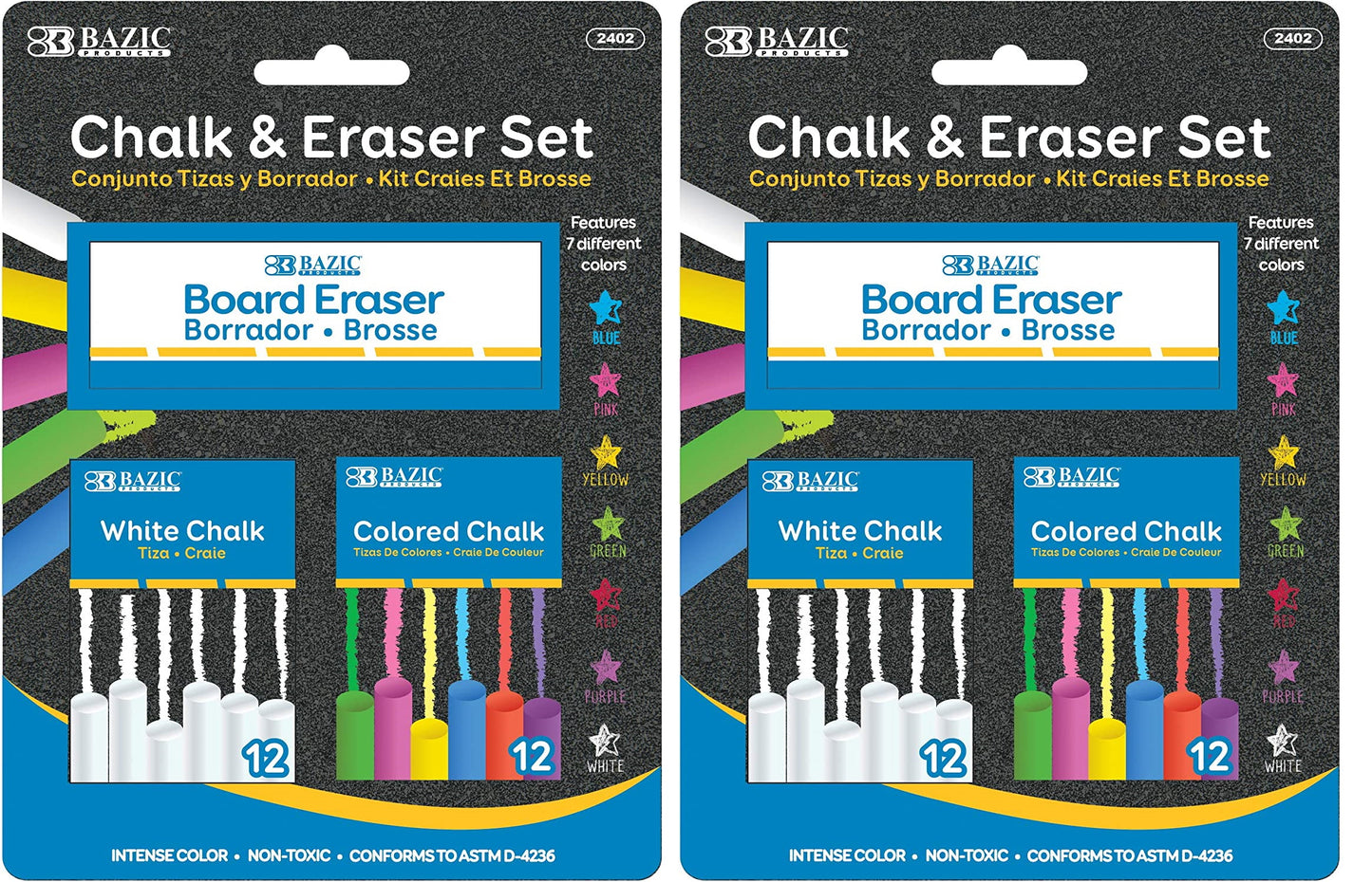 2 Pack 12 Color and 12 White Chalk with Eraser Set - School, Art, Crafts, or Outside - Boardroom or Classroom