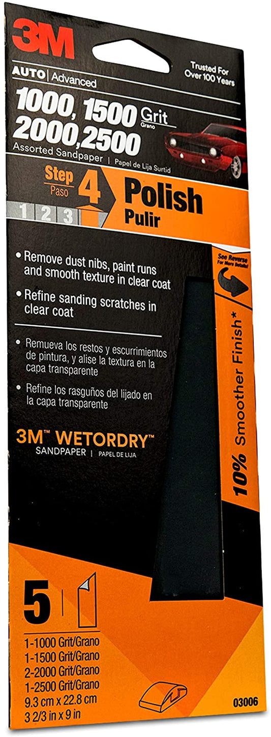 3M Auto Wet Or Dry Sandpaper 3 2/3 in x 9 in, 1000, 1500, 2000, 2500 Assorted Grit Pack, 5 Sheets