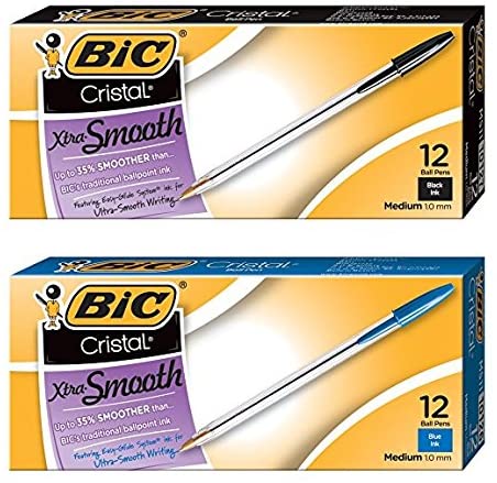 BIC Cristal Xtra Smooth Stick Ballpoint Pen, 1mm, Blue Ink, Clear Barrel, 24 pcs - Pack of 2