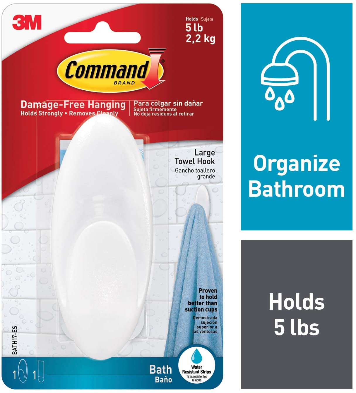 Command Large Towel Hook with Water-Resistant Strips BATH17-ES Clear Frosted