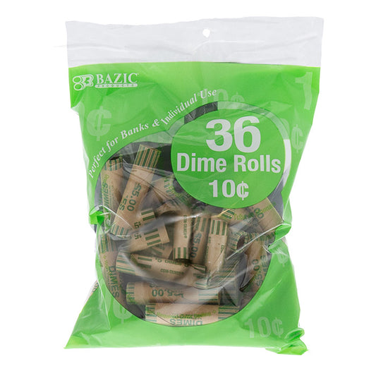 BAZIC Dime Coin Wrappers Rolls, Made in USA, 36-Count Durable Preformed Paper Coins Tubes