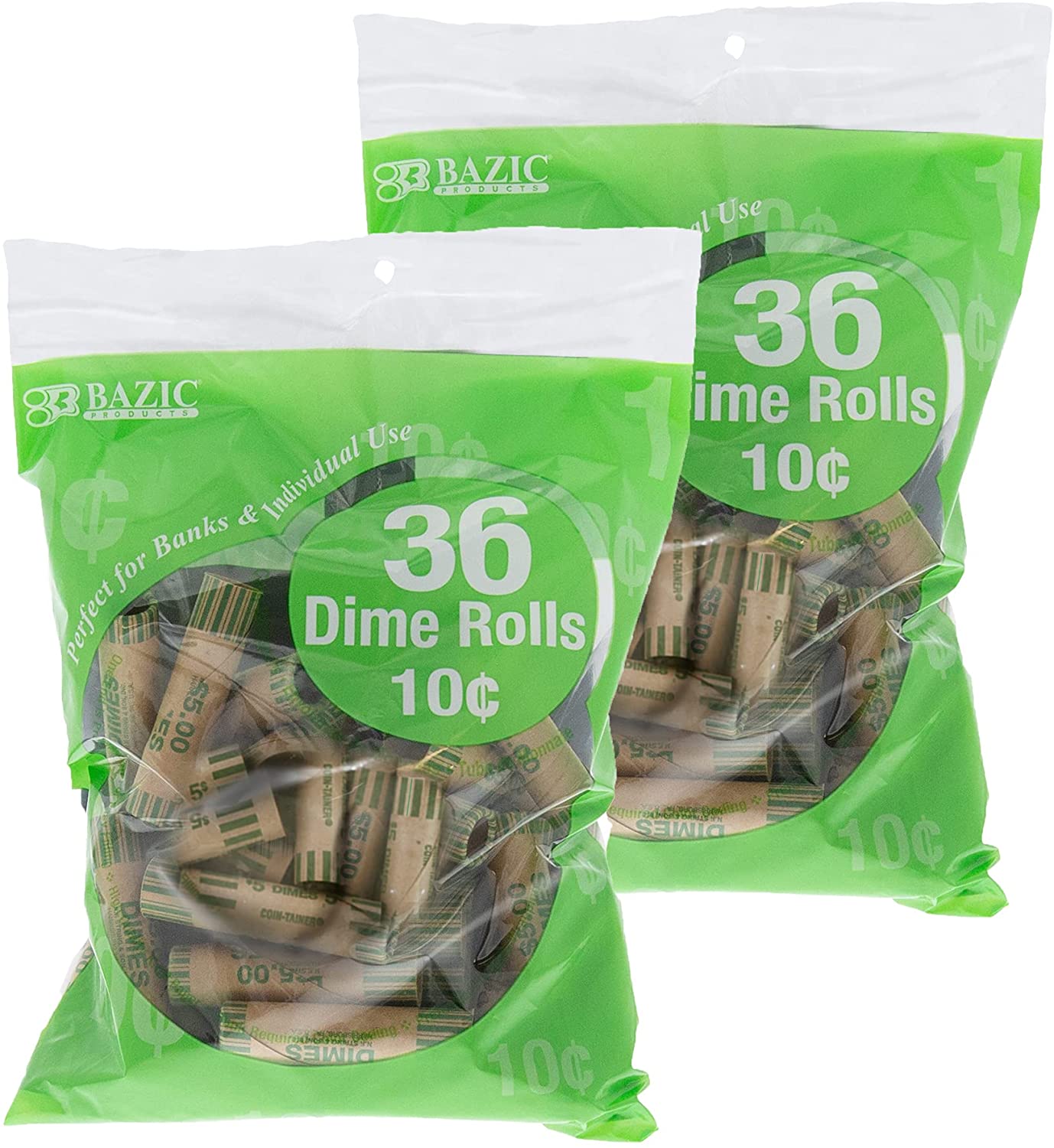 BAZIC Dime Coin Wrappers Rolls, Made in USA, 72-Count Durable Paper Coins Tubes - Pack of 2