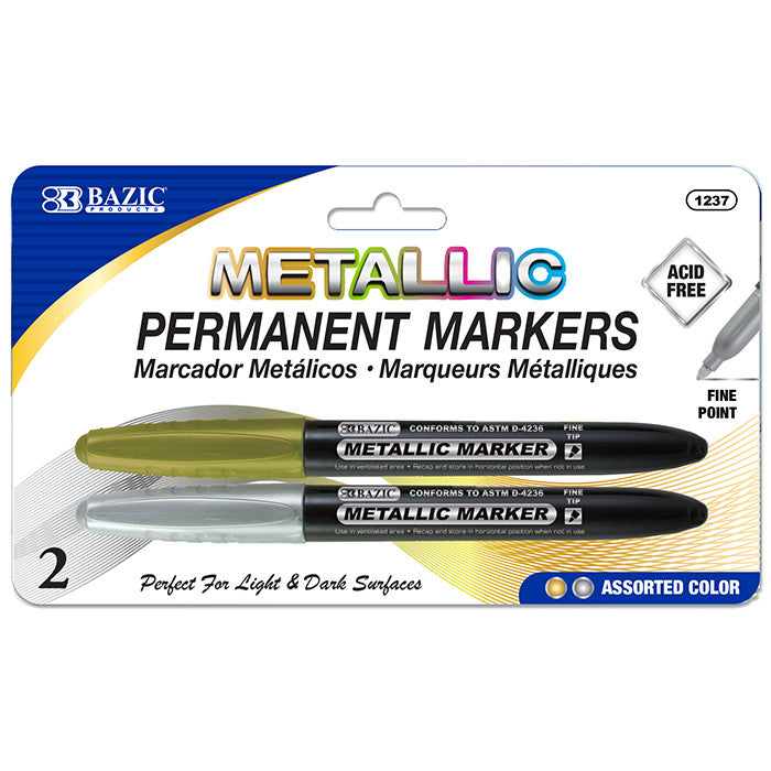 Permanent Markers Metallic Silver Gold, Fine Line Sparkle Coloring on Plastic Wood Metal Glass Stone (2/Pack)