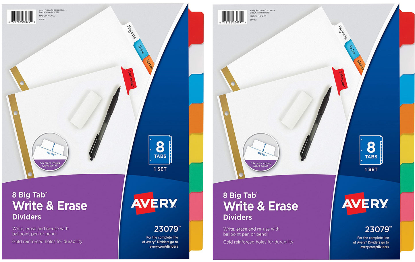 Avery 8-Tab Binder Dividers,2 Set, Write and Erase Multicolor Big Tabs, 3-hole punched, Ready for Use