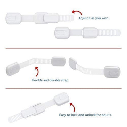 Child Safety Strap Locks (4 Pack) Baby Proofing Latches Drawer, Door, Fridge, Oven, Toilet Seat, Kitchen, Cupboard, Appliance, Trash Can, Dishwasher, 3M Adhesive No Drill NiftyPlaza