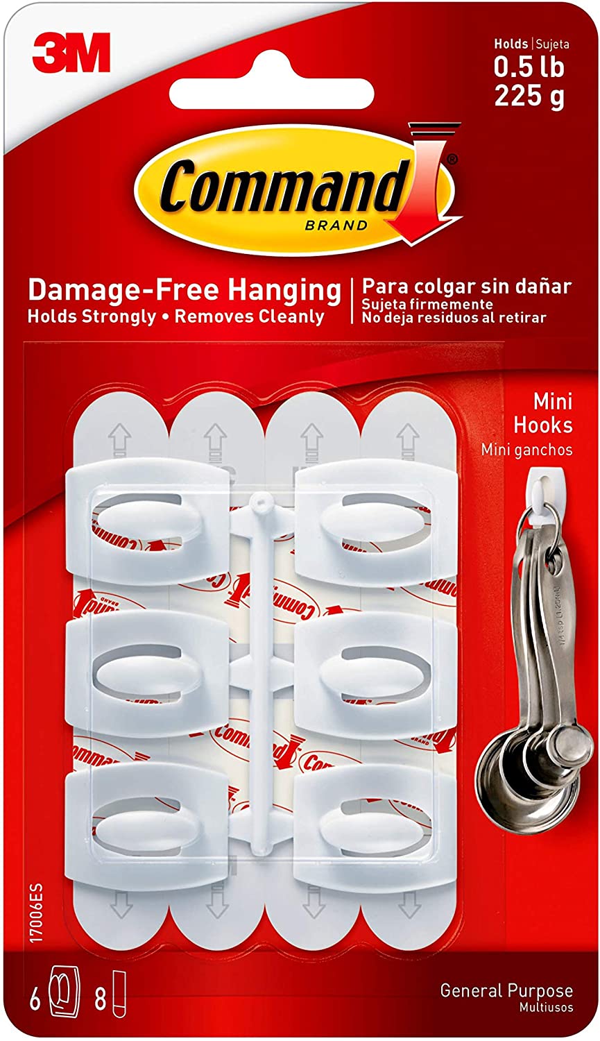 Command™ Mini Hooks-White 6 Hooks and 8 Strips, Organize Damage-Free White Strips Bulk for Displays