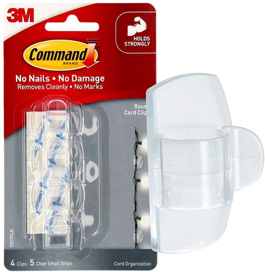 3M Command Round Cord Clips, 4-Clips with Adhesive, Clear, Organizing Multiple Cord Sizes