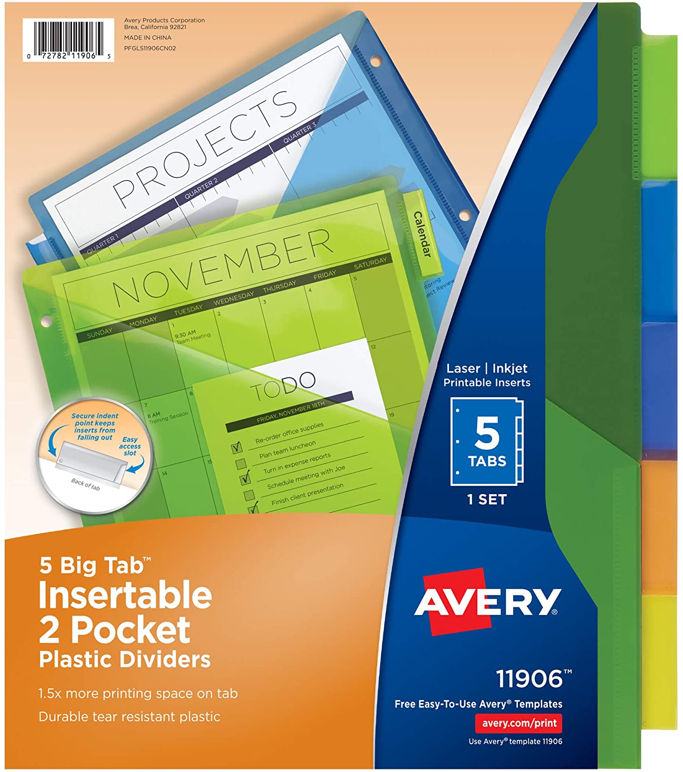 Avery Plastic 5-Tab Binder Dividers with Two Pockets, Insertable Multicolor Big Tabs, 1 Set