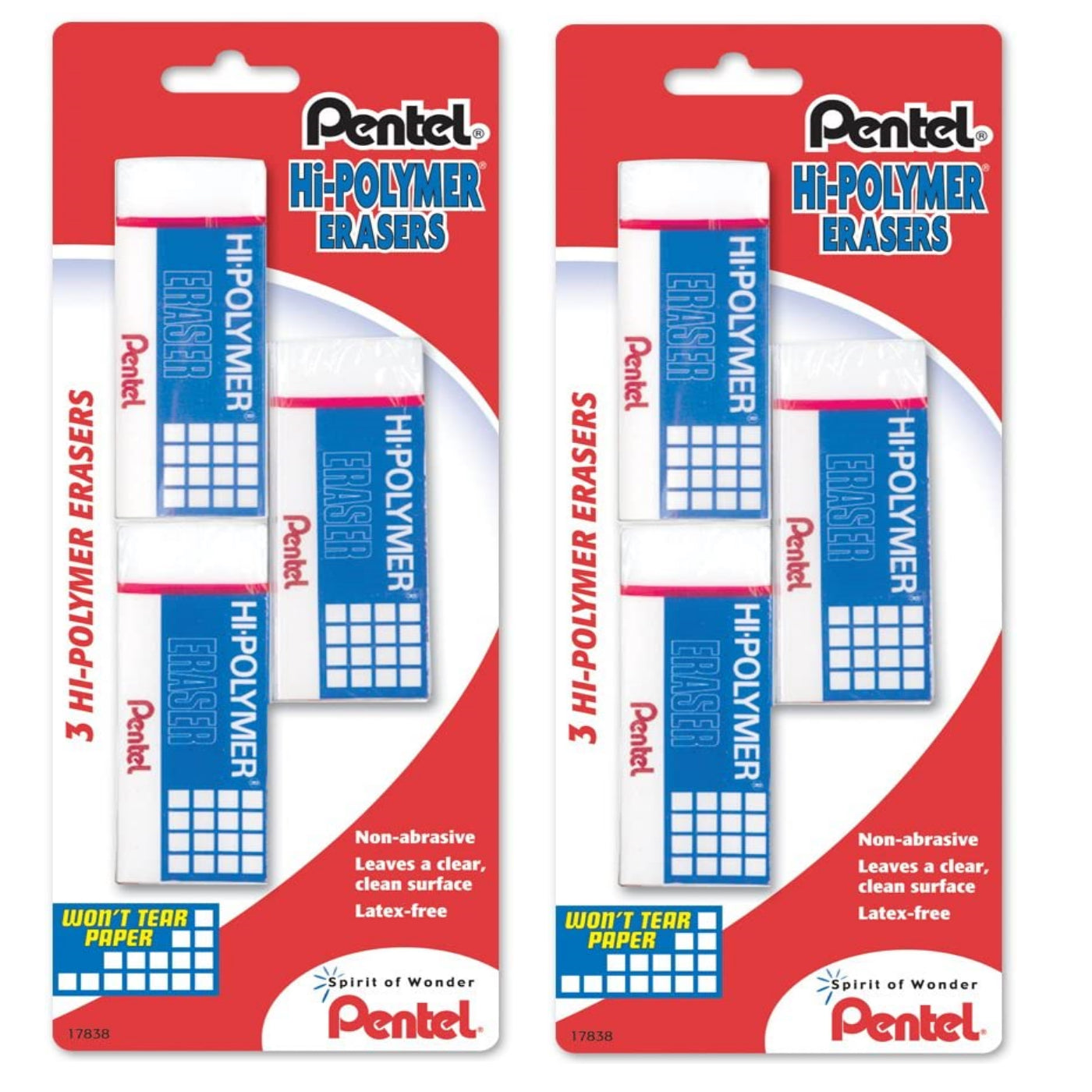 Pentel Hi-Polymer Eraser, Rectangular, Medium, White, Latex-Free Hi-Polymer, 6-Counts - Pack of 2