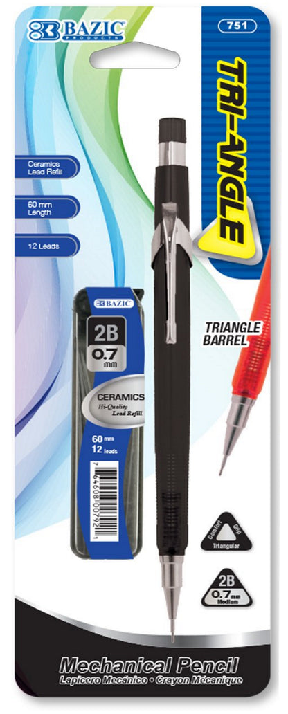 BAZIC Mechanical Pencil 0.7mm Triangle Soft Grip, Refill 2B Ceramic Lead, Latex Free Eraser - Random Color