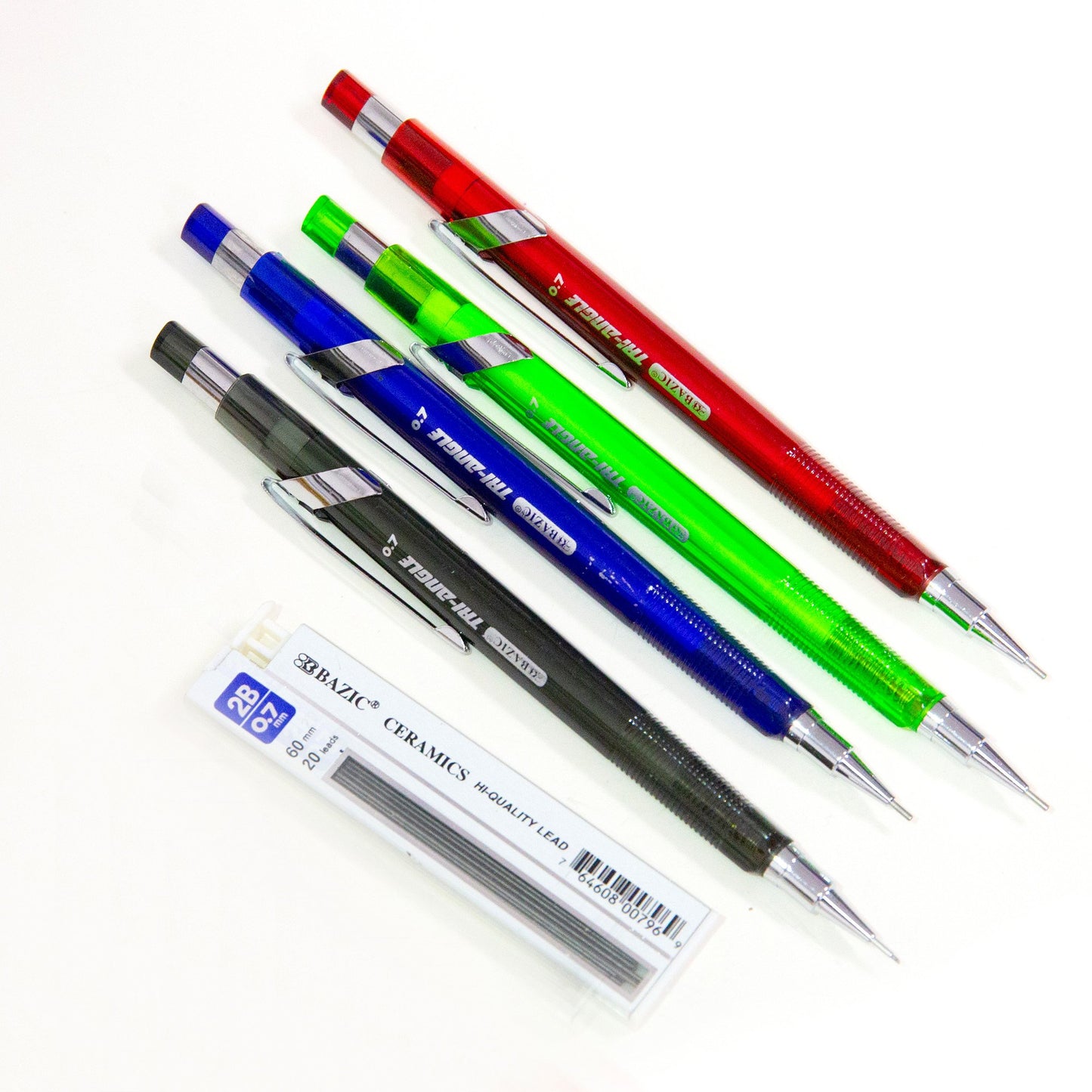 BAZIC Mechanical Pencil 0.7mm Triangle Soft Grip, Refill 2B Ceramic Lead, Latex Free Eraser - Random Color