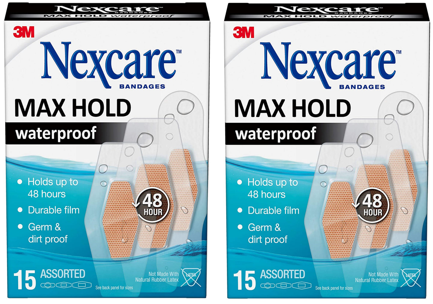 Nexcare Bandages Max Hold Waterproof Bandages, Dirtproof, Germproof Assorted, 30-Count - Pack of 2