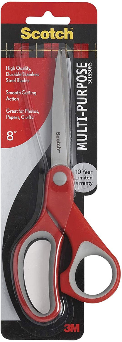 Scotch Multi-Purpose Stainless Steel Scissor, 8-Inches Red and Grey Handle Light Duty Cutting Blades