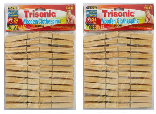 Wooden Clothes Pins - 2 Pack 48 Pcs Close Wire Springs - Drying, Hanging, Clothes, Laundry and Linens 3½" Long - TriSonic