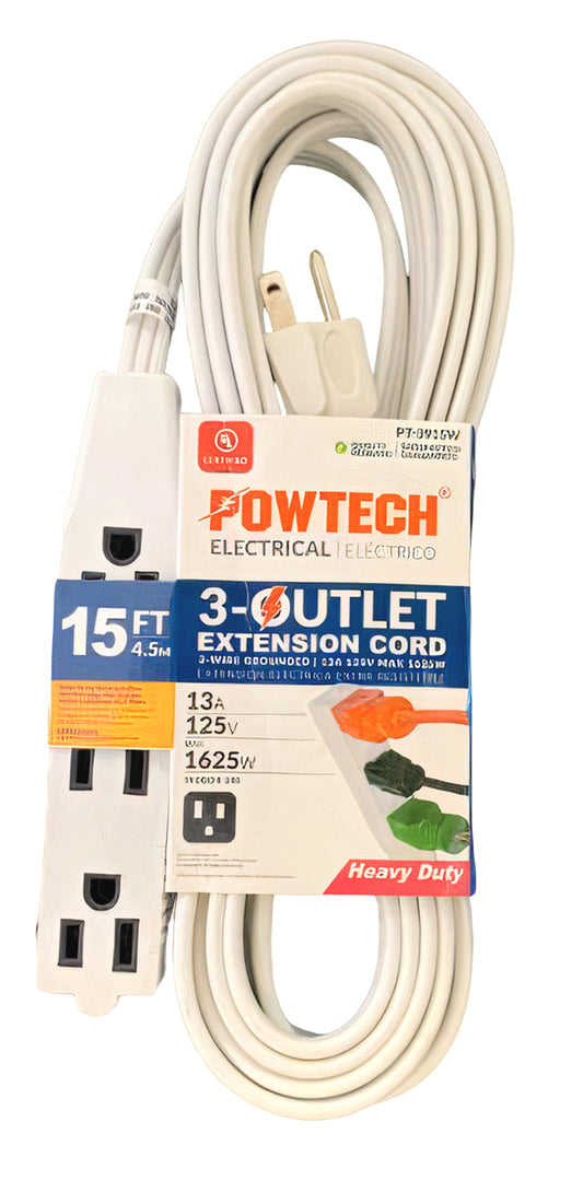 UL 3 Outlet Banana Extension 15 ft white Grounded Indoor Home Office Extension Cord