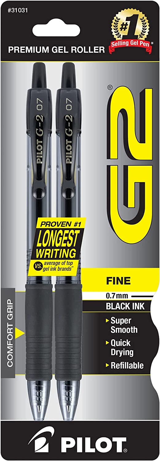 Pilot G2 Retractable Rolling Ball Gel Pens Fine Point 0.7mm, Black Color, 1 Pack of 2 Pens