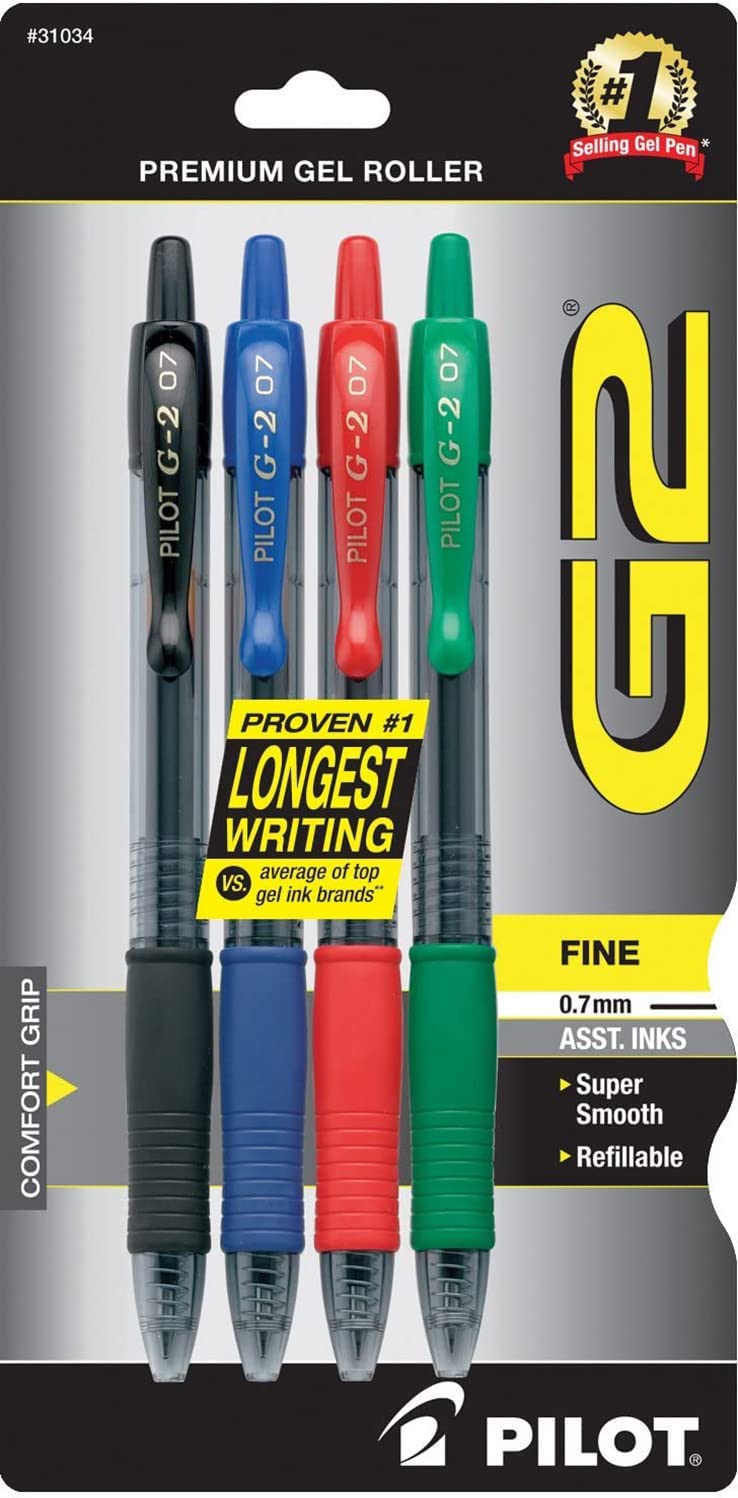 Pilot G2 Retractable Gel Ink Pens, Fine Point Assorted Colors, 1 Pack of 4 Pens