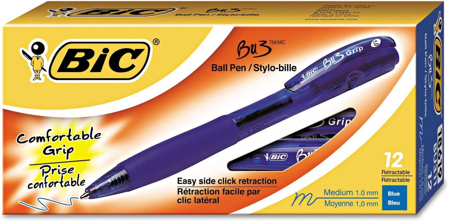 BIC BU3 Ballpoint Pen, Retractable, Bold 1 mm, Blue, Dozen (BU311BE)