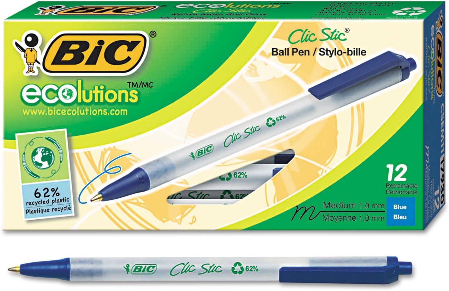 BIC Ecolutions Clic Stic Blue Ballpoint Pens, Medium Point (1.0mm) Retractable Ball Point Pens