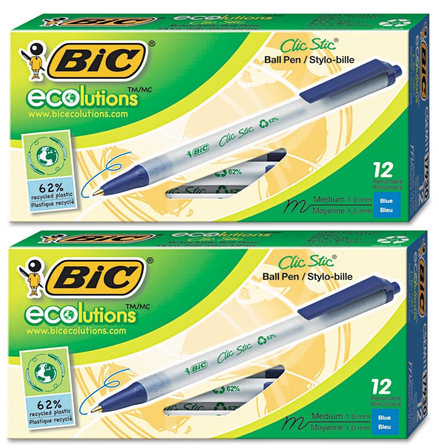 BIC Ecolutions Clic Stic Blue Ballpoint Pens, Medium Point (1.0mm) Retractable Ball Point Pens - 2 Pack