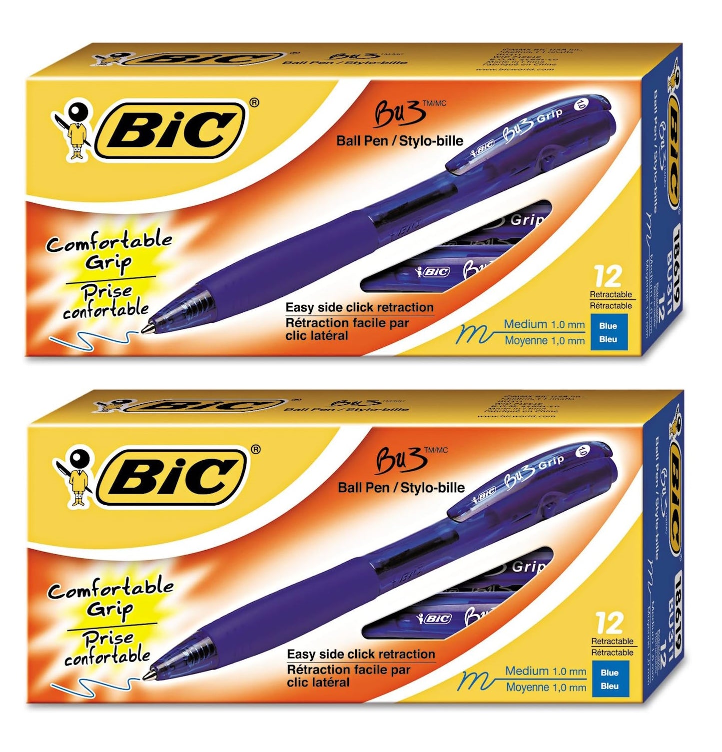 BIC BU3 Ballpoint Pen, Retractable, Bold 1 mm, Blue, 2 Dozen (BU311BE)