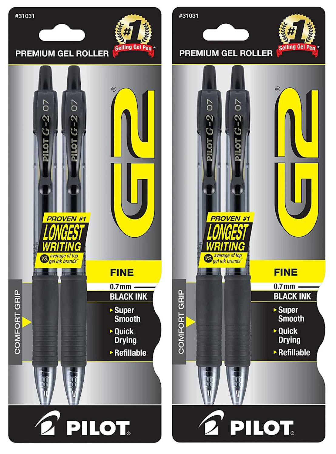 Pilot G2 Retractable Rolling Ball Gel Pens Fine Point 0.7mm, Black Color, 2 Pack of 4 Pens